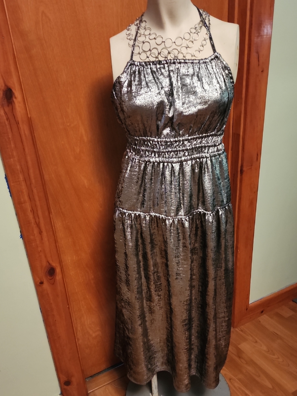 Old Navy Metallic Silver Halter Maxi Dress